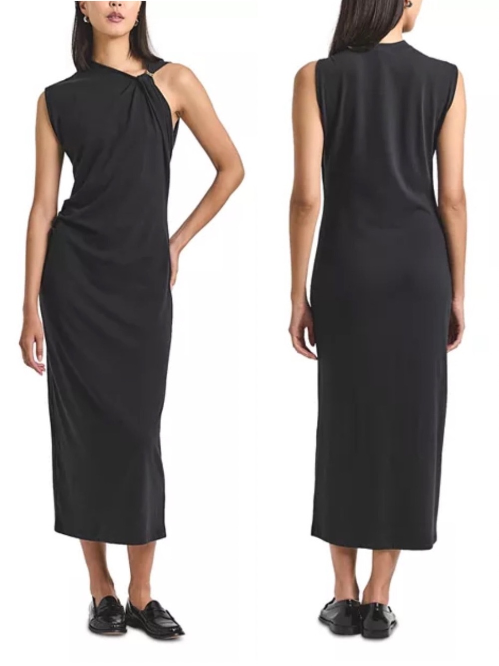 Derek Lam Evelise Black Asymmetric Twist Midi Dress Gold Ring NWT Small $325
